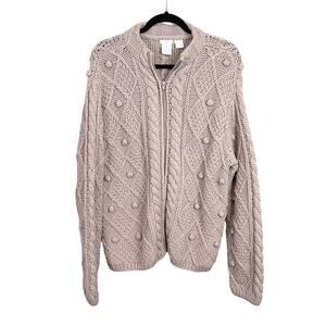 Hand Cable Knit Wool Cardigan M Beige Pompom Preppy Zip Up Cozy Comfy Sweater